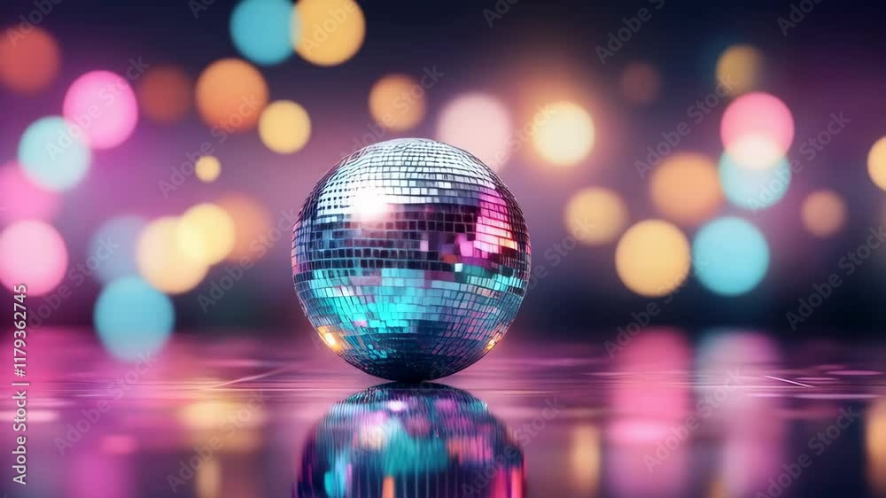 Glittering shining disco ball with colorful neon lights on dark background. Nightclub retro party. Trendy party symbol. Abstract 80s and 90s music and dance concept