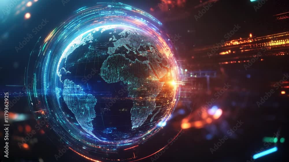 Futuristic Holographic Earth Rotating with Data Streams and Neon Lights: A Seamless Loop for Global Communication and Technology Concepts Futuristic Holographic Earth Rotating with Data Streams and Neon Lights: A Seamless Loop for Global Communication and Technology Concepts