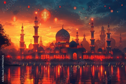 Wallpaper Mural Majestic Mosque at Sunset with Floating Lights Torontodigital.ca