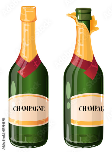 Green Champaign Glass Bottles Isolated. Celebratory Drinks Detailed Illustration