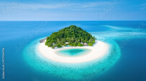 High Angle Panoramic View of Lush Green Island Surrounded by Clear Turquoise Waters