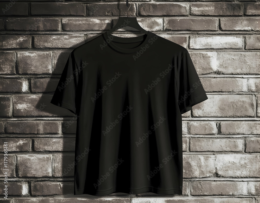 Naklejka premium Black T-shirt mockup on a hanger with a brick wall background for design and print artwork