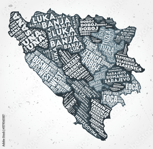 Bosnia and Herzegovina regions word clouds. Country shape on textured background. Bosnia and Herzegovina design in typographic style. Classy vector illustration.
