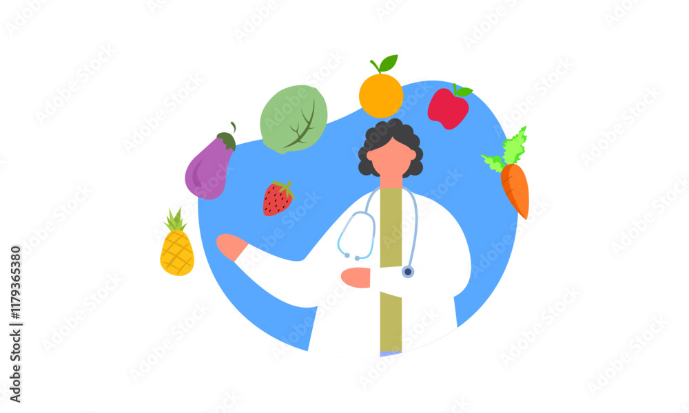 Nutritionist woman with weight loss program and diet plan. Healthy food, vitamins, sport icons