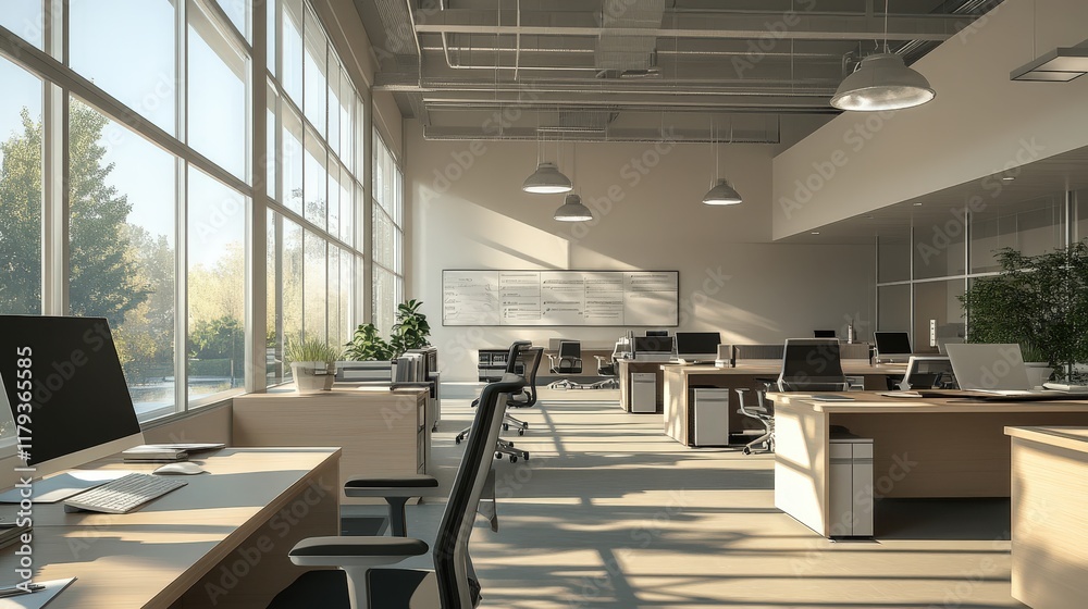 Fototapeta premium creative office space inside a modern building, with open meeting rooms