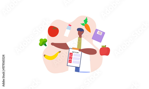 Nutritionist woman with weight loss program and diet plan. Healthy food, vitamins, sport icons