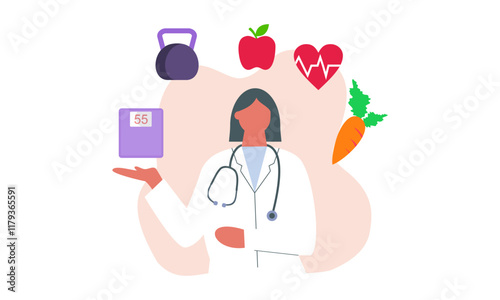 Nutritionist woman with weight loss program and diet plan. Healthy food, vitamins, sport icons