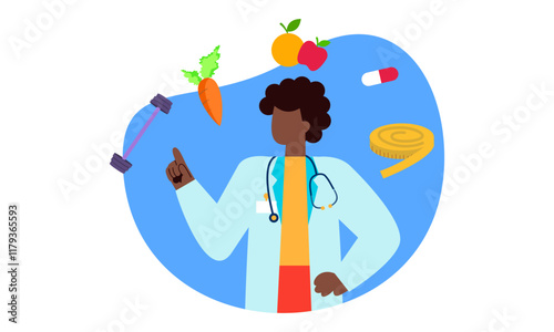 Nutritionist woman with weight loss program and diet plan. Healthy food, vitamins, sport icons