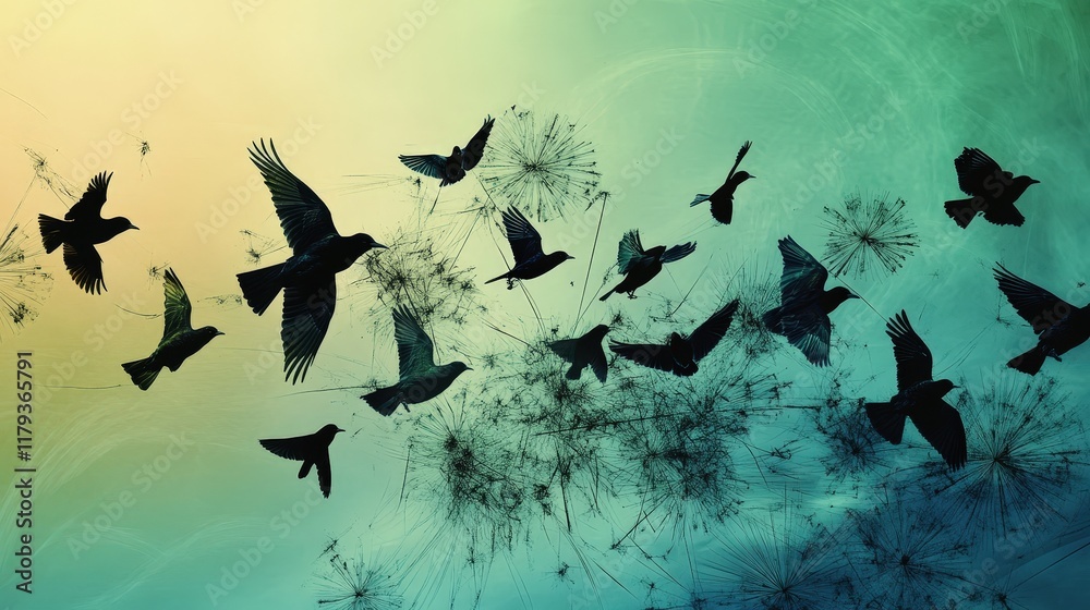 Fototapeta premium creative representation of animal navigation influenced by the Earth's magnetic field, featuring migrating birds