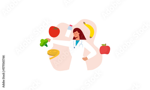 Nutritionist woman with weight loss program and diet plan. Healthy food, vitamins, sport icons