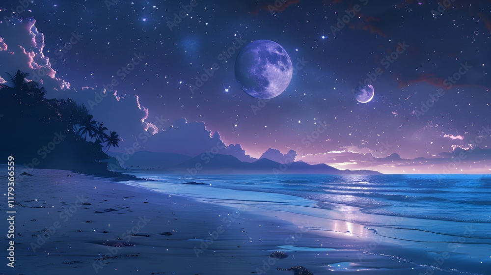 The atmosphere of the beach at night with the sparkling lights of the stars and planets. The atmosphere of the beach at night with the sparkling lights of the stars and planets.
