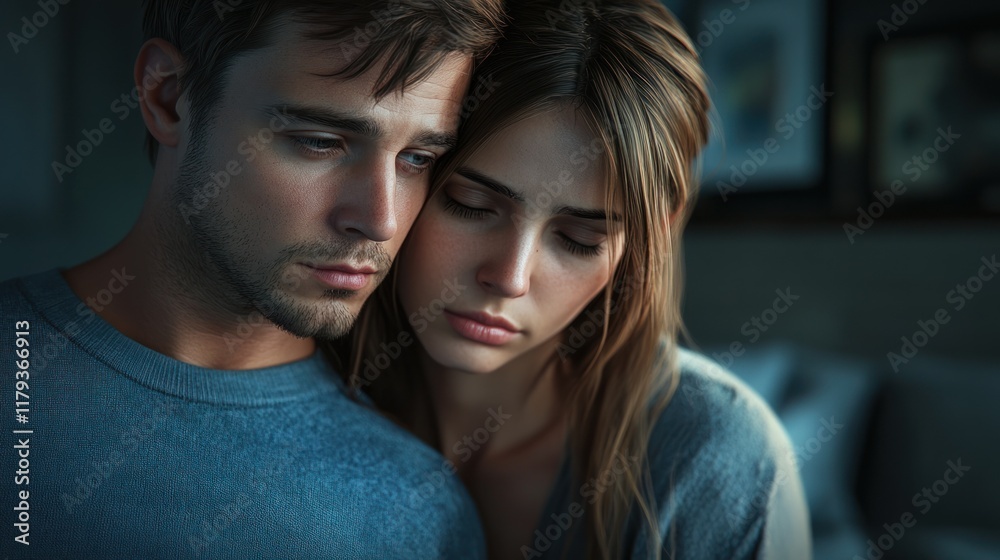Couple sharing an emotional moment in a cozy indoor setting during the evening. Generative AI Couple sharing an emotional moment in a cozy indoor setting during the evening. Generative AI