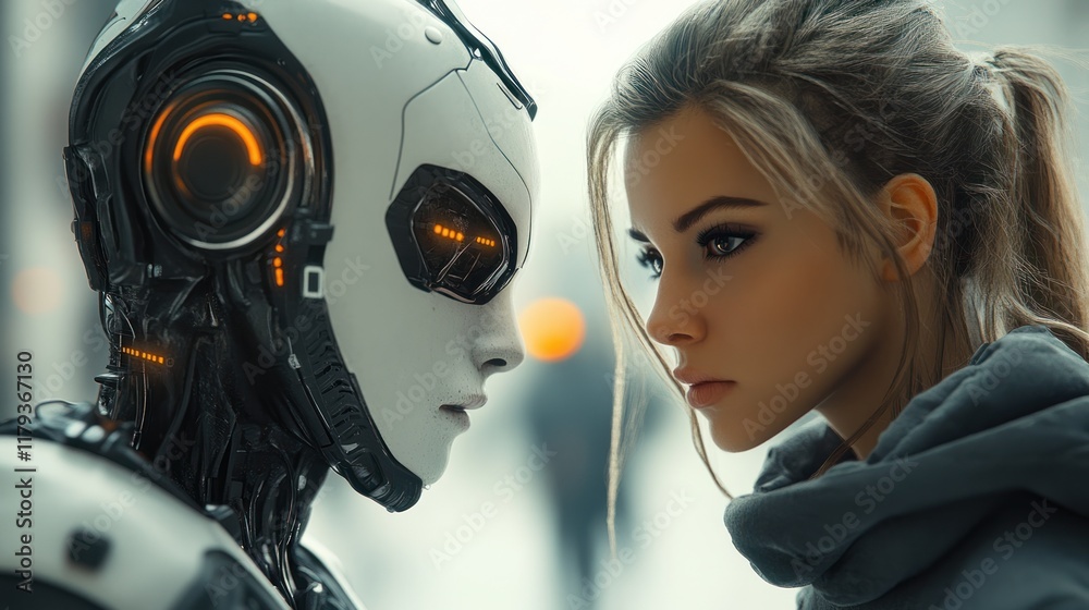 Fototapeta premium Interaction between a human and a humanoid robot in a futuristic urban setting during twilight. Generative AI