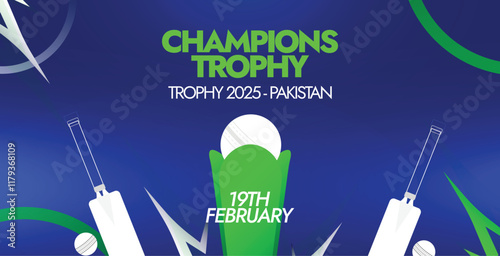 Cricket Champions Trophy 2025. Starting From 19th February in Pakistan. Social media banner for cricket champions trophy with bat, ball and modern elements. Champions Cup for Cricket.