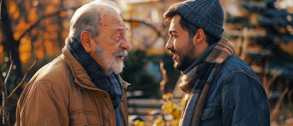 Two men of different ages chatting on the street in the fall. Perfect for articles about intergenerational relationships, friendship and family values. Two men of different ages chatting on the street in the fall. Perfect for articles about intergenerational relationships, friendship and family values.