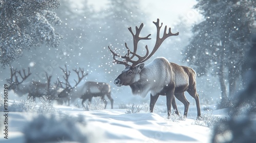 A herd of caribou trudging through deep snow, their large antlers collecting snowflakes as they move. photo