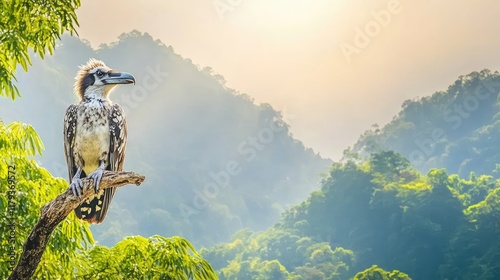 Bird perched on branch, misty mountain backdrop.