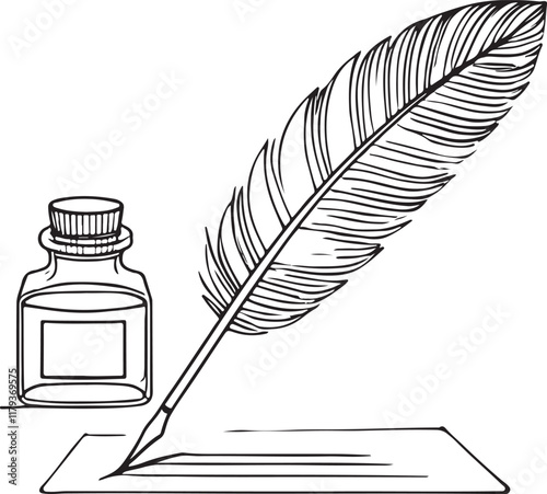 Feather Quill and Ink Bottle Minimalist Line Drawing Vector Art