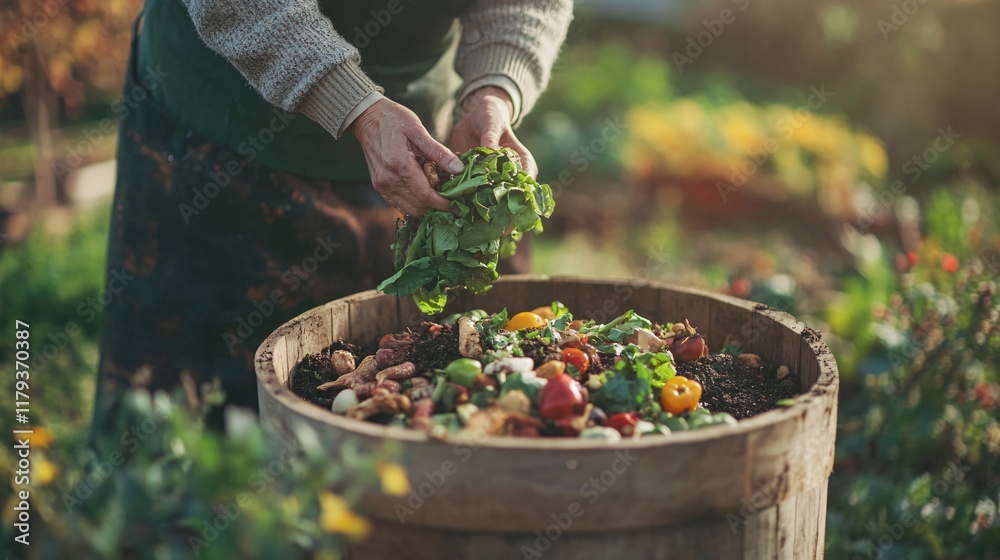 Person composting vegetable scraps in a garden bin for sustainable organic gardening. Person composting vegetable scraps in a garden bin for sustainable organic gardening.