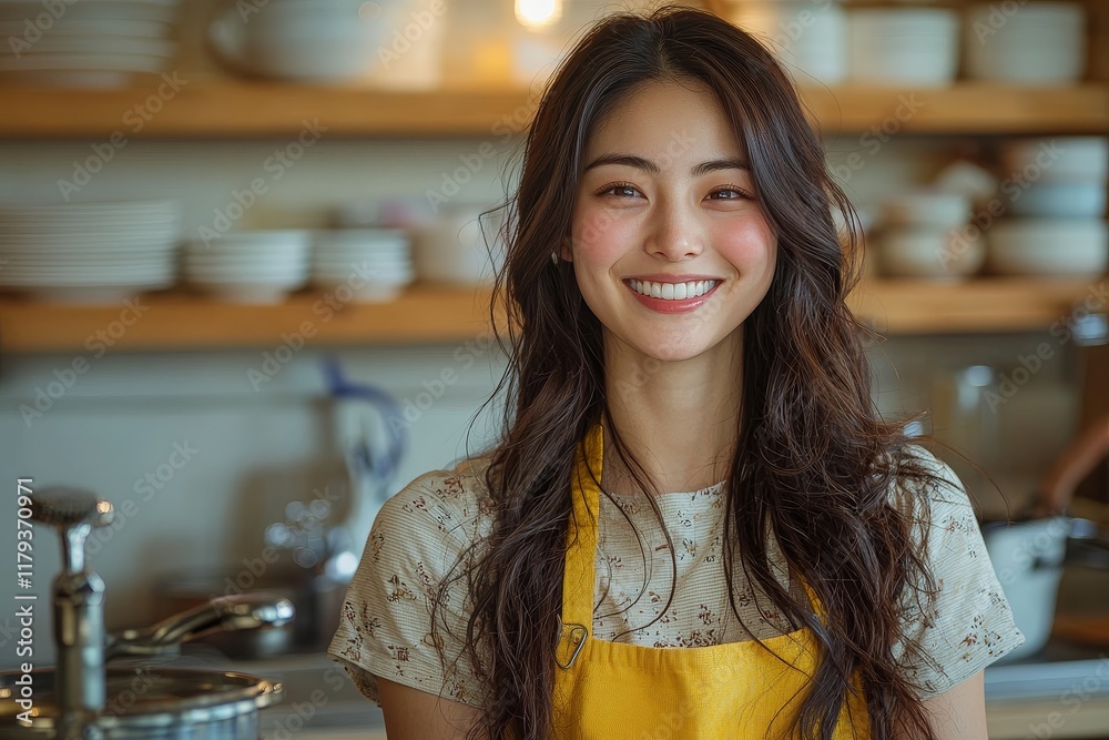 In a kitchen bathed in light, a woman dons yellow gloves and an apron to wash dishes In a kitchen bathed in light, a woman dons yellow gloves and an apron to wash dishes
