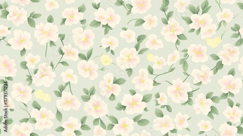 Wallpaper Mural Soft Minimal Cherry Blossom Clusters in a Seamless Pattern on a Gentle Green Background Torontodigital.ca