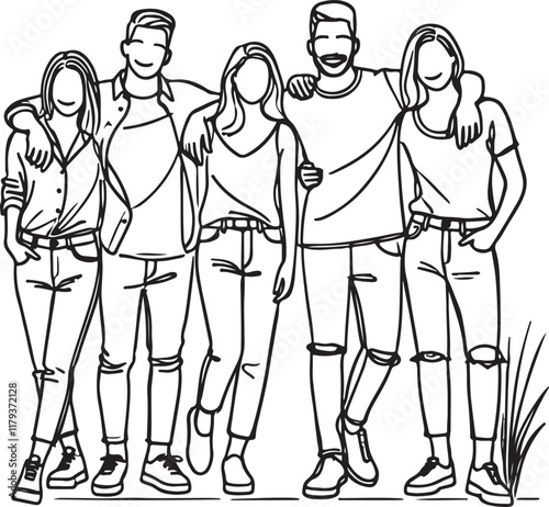Bond of Friendship. Group of People Standing Together in Line Art Style