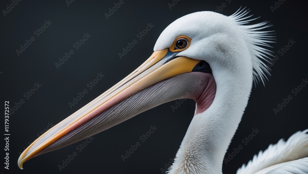 A close up of a pelican's head with a black background. A close up of a pelican's head with a black background.