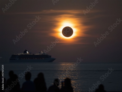 Cruise ship sails under a solar eclipse at sunset with silhouettes of spectators on the shore