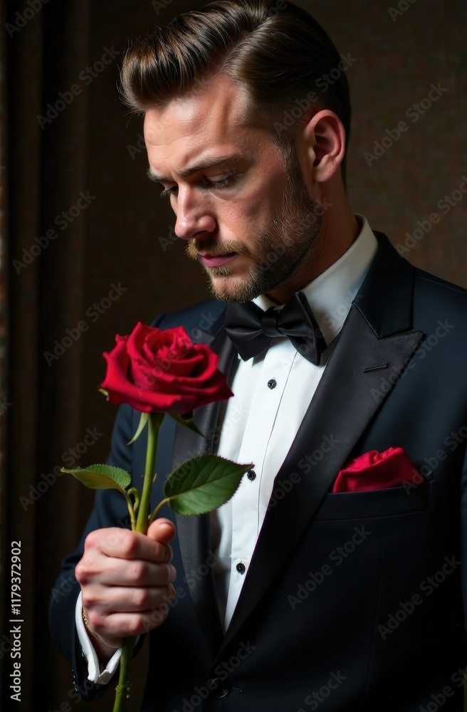 brutal man in suit and white shirt holding red rose in hand, close-up, valentine's day, birthday, wedding brutal man in suit and white shirt holding red rose in hand, close-up, valentine's day, birthday, wedding
