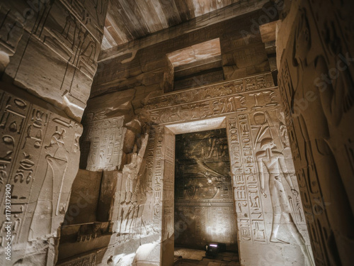 El interior de una antigua pirámide egipcia con múltiples habitaciones con varios jeroglíficos tallados en las paredes
 photo