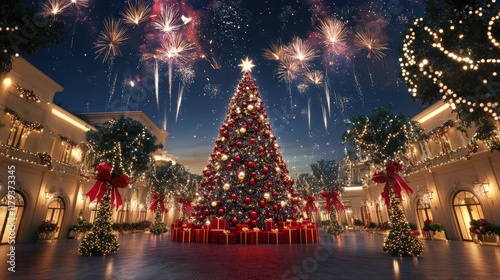 dazzling Christmas tree in the middle of a grand plaza, adorned with oversized baubles and garlands.