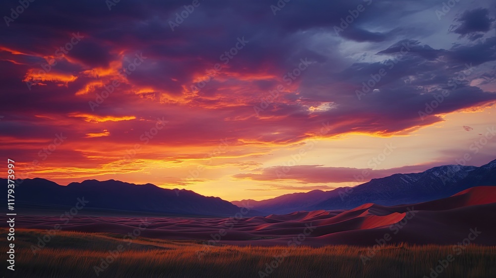 Obraz premium Fiery Sunset over Sand Dunes: A Dramatic Landscape Painting