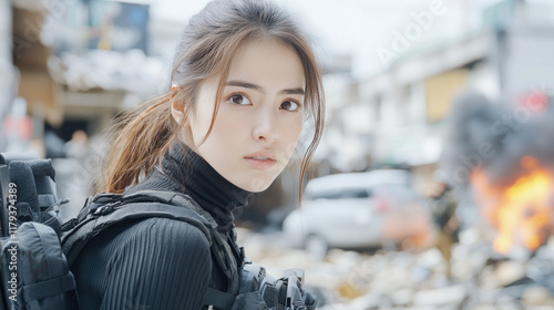 Japanese special force woman in tactical gear at ruins of buildings in conflict area photo