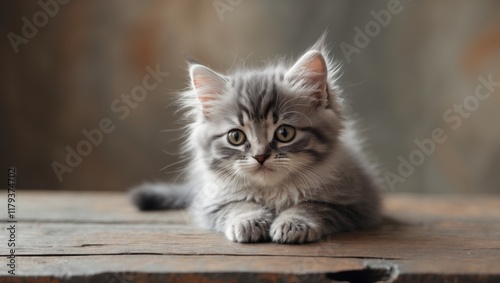 A small kitten sitting on top of a wooden table. photo