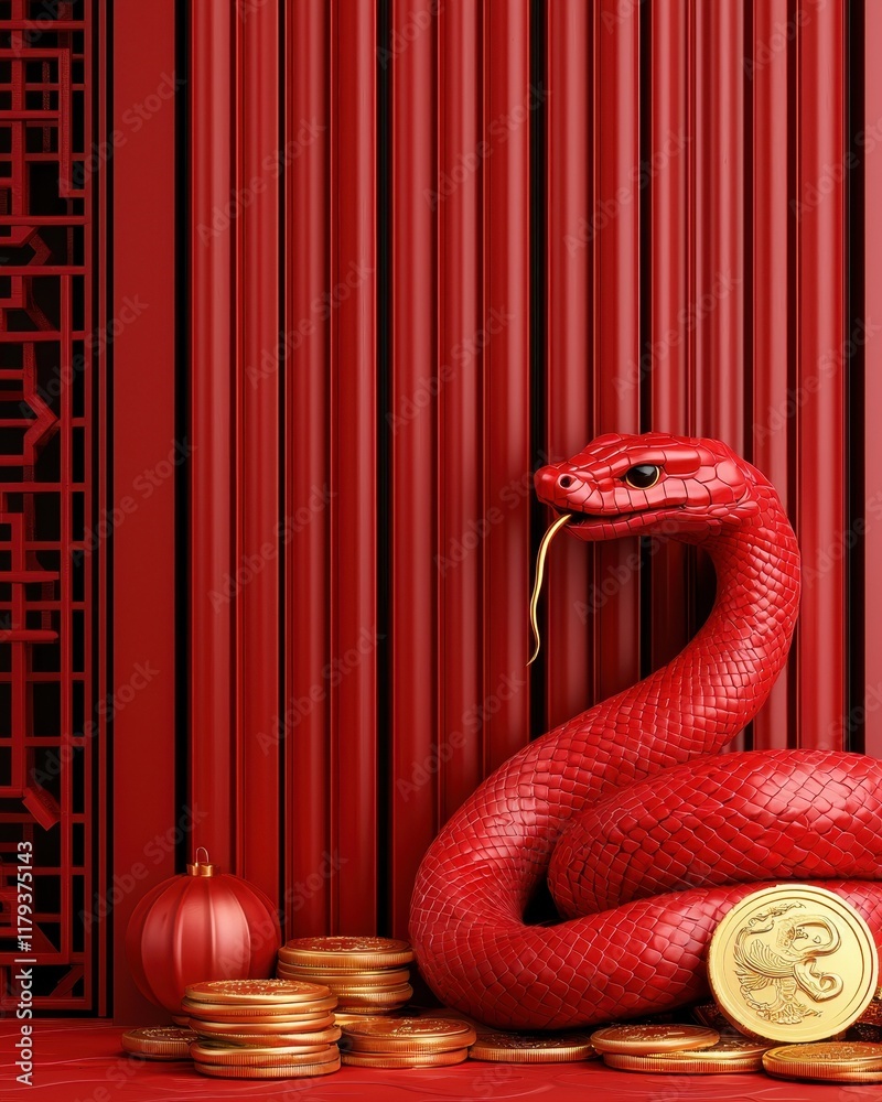 Fototapeta premium Red lanterns and snake zodiac concept for Lunar New Year celebration. Red snake with gold coins and decorations on a vibrant red background