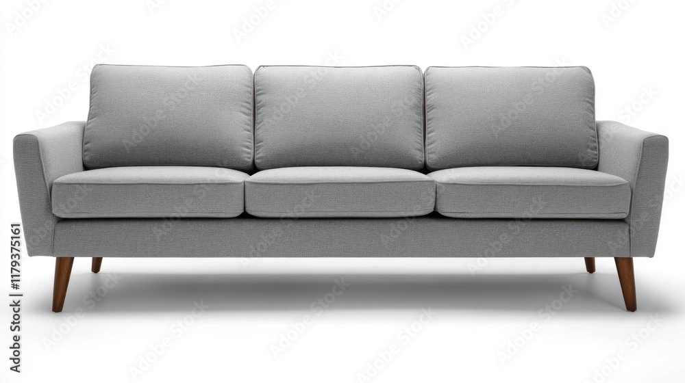 Modern gray fabric sofa with wooden legs. Modern gray fabric sofa with wooden legs.
