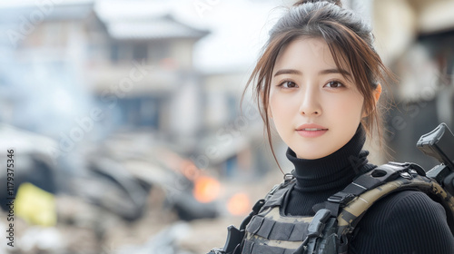 Japanese special force woman in tactical gear at ruins of buildings in conflict area photo