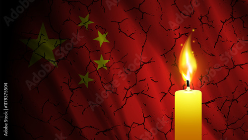 Vector mourning banner. Burning candle on background of Chinese wavy cracked flag. Symbol of grief in connection with terrible earthquake. China