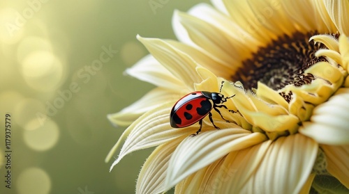 Sunflower flower with ladybug insect, close-up