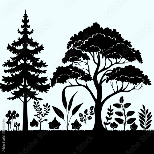 Vector illustration of black silhouettes of trees and plants on blue background