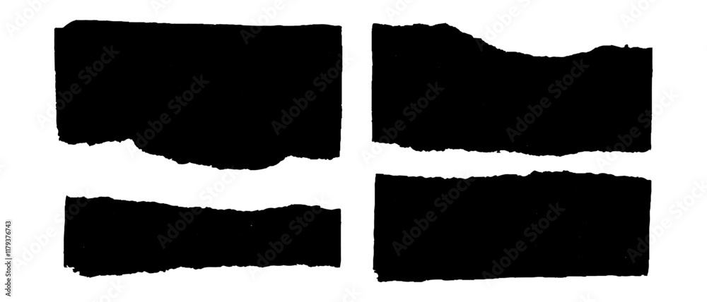 Torn pieces of tape paper, oblong black scotch tapes, vintage silhouette stickers torn edge, vector illustration.