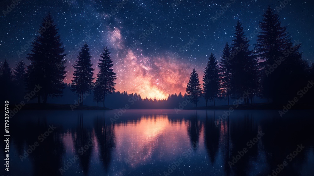 Fototapeta premium Milky Way Galaxy Over Serene Lake and Pine Trees