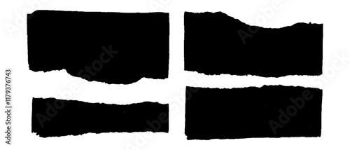 Torn pieces of tape paper, oblong black scotch tapes, vintage silhouette stickers torn edge, vector illustration.