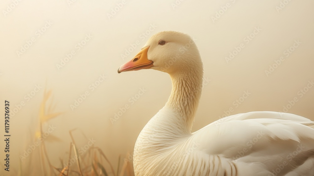 Fototapeta premium Serene White Goose in Misty Dawn Natures Gentle Beauty