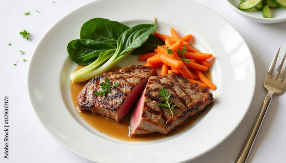 Grilled steak with vegetables and sauce served on a plate with elegant presentation Grilled steak with vegetables and sauce served on a plate with elegant presentation