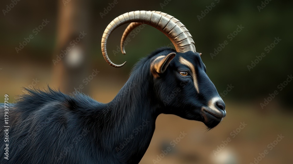 Black goat with curved horns standing in a natural setting during daylight hours in an outdoor environment Black goat with curved horns standing in a natural setting during daylight hours in an outdoor environment