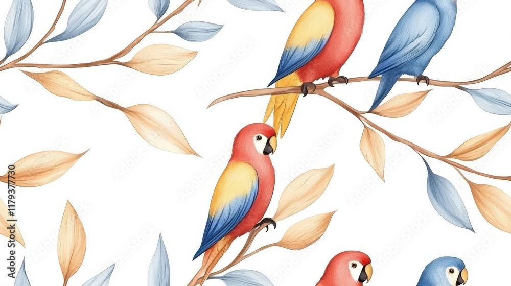 Obraz premium Colorful Parrots Resting on Branches Surrounded by Delicate Leaves in a Nature-Inspired Background