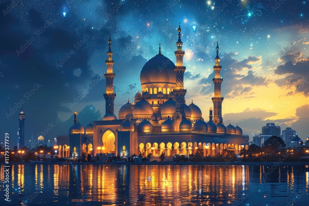 Obraz premium Illuminated Mosque Under a Starlit Night Sky