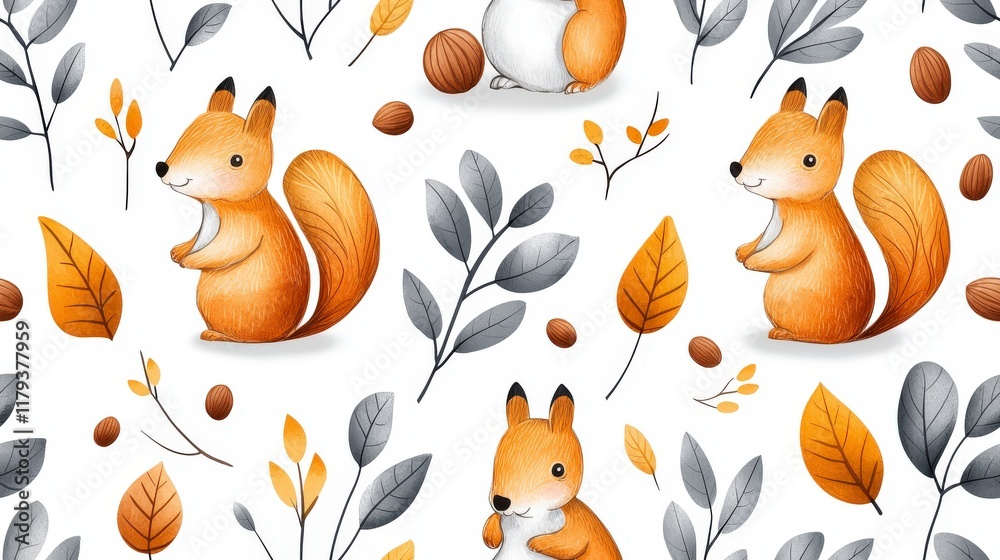 Playful Squirrels Surrounded by Autumn Leaves and Nuts in a Whimsical Pattern Design for Kids Playful Squirrels Surrounded by Autumn Leaves and Nuts in a Whimsical Pattern Design for Kids