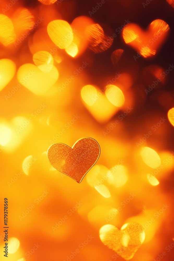 Fototapeta premium Glittering hearts on golden background, soft focus bokeh lights, romantic decor